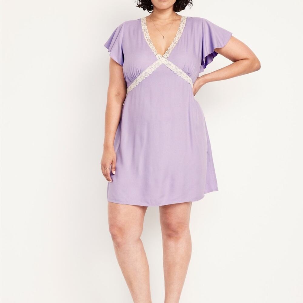 Old Navy Spring Wisteria Fit & Flare Crepe Lace-Trim mini dress - Picture 2 of 11